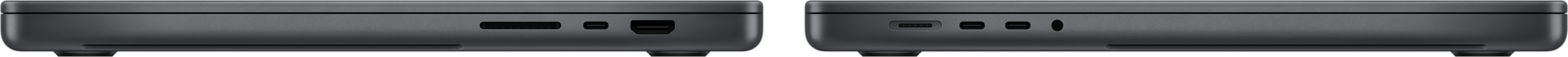 Vista lateral de un MacBook Pro que destaca la ranura para tarjetas SDXC, los tres puertos Thunderbolt 4, el puerto HDMI, el puerto de carga MagSafe 3 y la toma para auriculares.