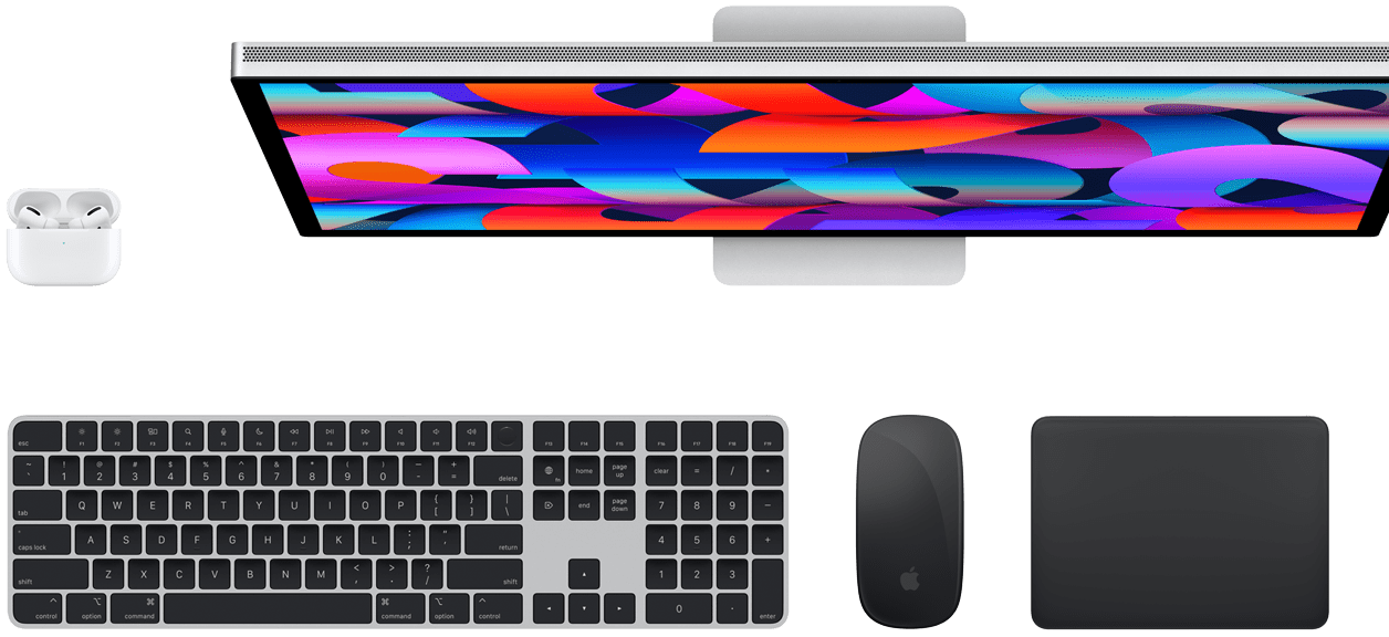 Vista superior de unos AirPods, un Studio Display, un Magic Keyboard, un Magic Mouse y un Magic Trackpad.