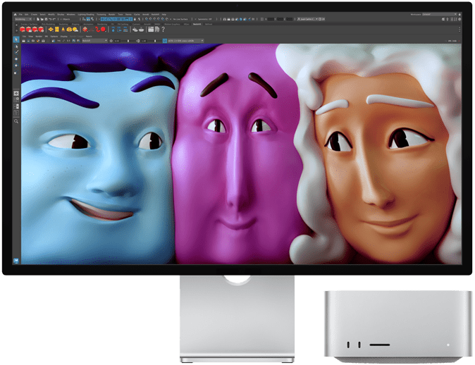 Vista frontal del Mac Studio y el Studio Display